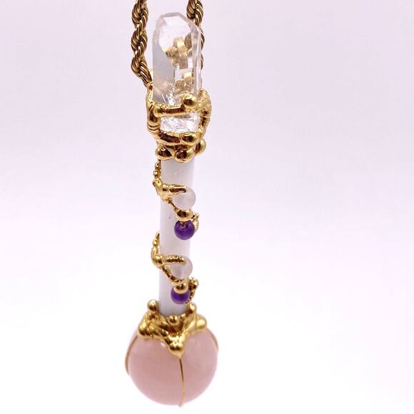 Gems Crystals Pendant Wand 3” Rose and Angel Quartz on Vntg Gold Filled Chain - Picture 4 of 7